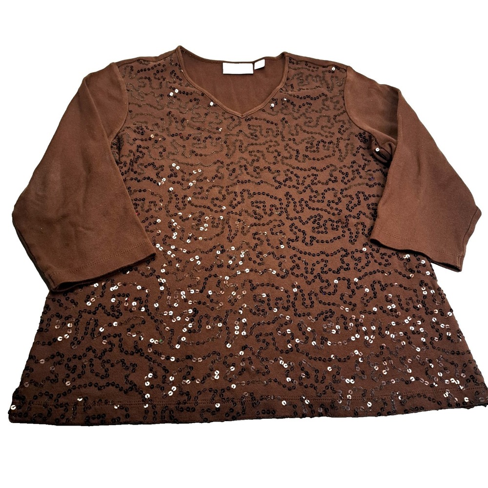 Quacker‎ Factory Sequin Top Women's S Brown 3/4 Sleeve Cotton Pullover